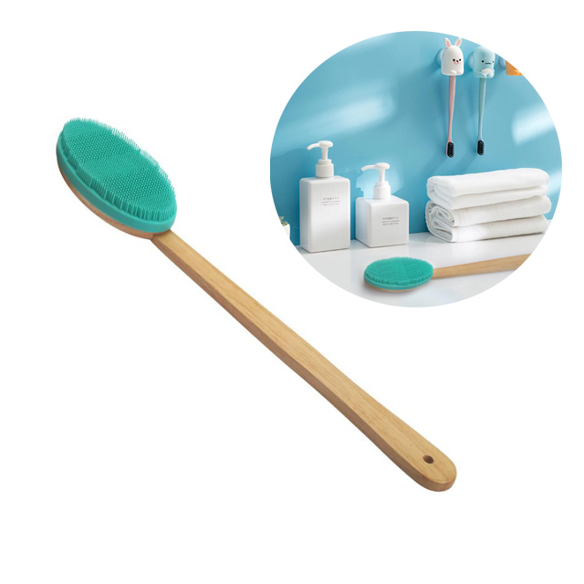 Easy to clean silicone bath brush with wooden handle